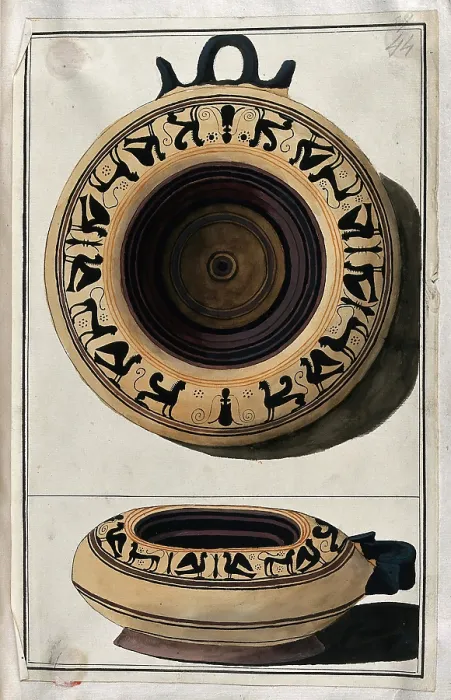 Framed Print : Above, white-ground black-figured Greek vessel decorated with a frieze of stylised... 1760-9. Creator: Augustin Dahlsteen Framed Print : Above, white-ground black-figured Greek vessel decorated with a frieze of stylised... 1760-9. Creator: Augustin Dahlsteen