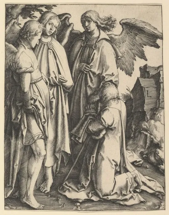 Framed Print : Abraham and Three Angels, ca. 1513. Creator: Lucas van Leyden Framed Print : Abraham and Three Angels, ca. 1513. Creator: Lucas van Leyden