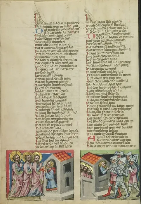 Framed Print : Abraham and the Three Angels: The Sodomites Beating on Lot's House; Weltchronik, about 1400-1410. Creator: Unknown Framed Print : Abraham and the Three Angels: The Sodomites Beating on Lot's House; Weltchronik, about 1400-1410. Creator: Unknown