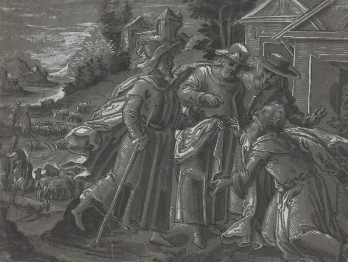 Framed Print : Abraham Entertaining the Angels [verso], c. 1600. Creator: Unknown