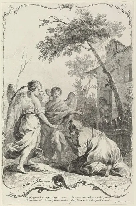 Framed Print : Abraham Kneeling before the Three Angels, c. 1745. Creator: Joseph Wagner Framed Print : Abraham Kneeling before the Three Angels, c. 1745. Creator: Joseph Wagner