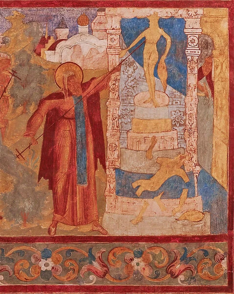 Abraham of Rostov destroys the Veless statue. Fresco of the Church of Saint John The Apostle in Ros