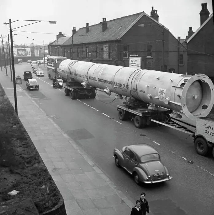 Framed Print : An absorption tower being transported by road, Dukenfield, Manchester, 1962. Artist Framed Print : An absorption tower being transported by road, Dukenfield, Manchester, 1962. Artist