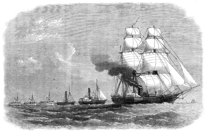 Framed Print : The Abyssinian Expedition: H.M.S. Argus towing tugs and lighters to Massowah, 1868. Creator: Unknown Framed Print : The Abyssinian Expedition: H.M.S. Argus towing tugs and lighters to Massowah, 1868. Creator: Unknown