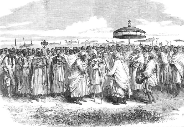 Framed Print : The Abyssinian Expedition: priests and villagers of Wadela singing the Song of Moses... 1868. Creator: Unknown Framed Print : The Abyssinian Expedition: priests and villagers of Wadela singing the Song of Moses... 1868. Creator: Unknown