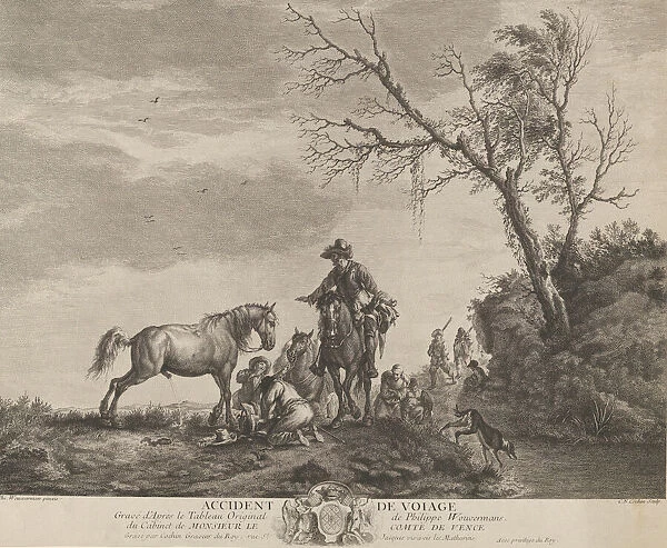 An accident while traveling, a kneeling man fixing a broken saddle, a horse pissing at