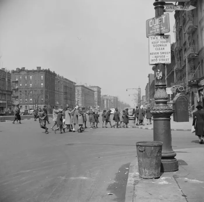 Framed Print : Many accidents are attributed to unpatrolled intersections in Harlem, New York, 1943. Creator: Gordon Parks Framed Print : Many accidents are attributed to unpatrolled intersections in Harlem, New York, 1943. Creator: Gordon Parks