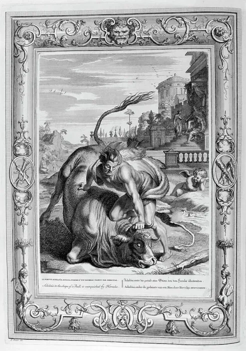 Framed Print : Achelous in the shape of a bull is vanquished by Hercules, 1733. Artist: Bernard Picart Framed Print : Achelous in the shape of a bull is vanquished by Hercules, 1733. Artist: Bernard Picart