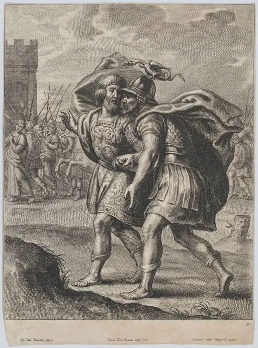 Framed Print : Achilles and Priam, in conversation outside of Troy, ca. 1644-66. Creator: Lucas Vorsterman II Framed Print : Achilles and Priam, in conversation outside of Troy, ca. 1644-66. Creator: Lucas Vorsterman II
