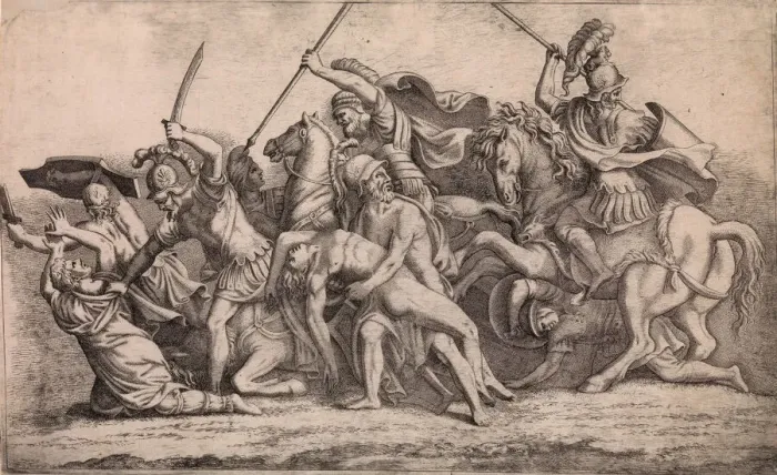 Framed Print : Achilles Removing Patroclus Body From the Battle, ca. 1547. Creator: Leon Davent Framed Print : Achilles Removing Patroclus Body From the Battle, ca. 1547. Creator: Leon Davent