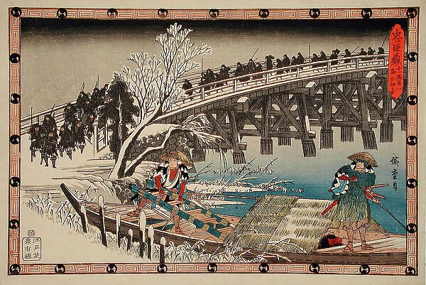 Act XI First Episode: Ronin Crossing a Bridge at Night on the Way to... between c1835 and c1839. Creator: Ando Hiroshige