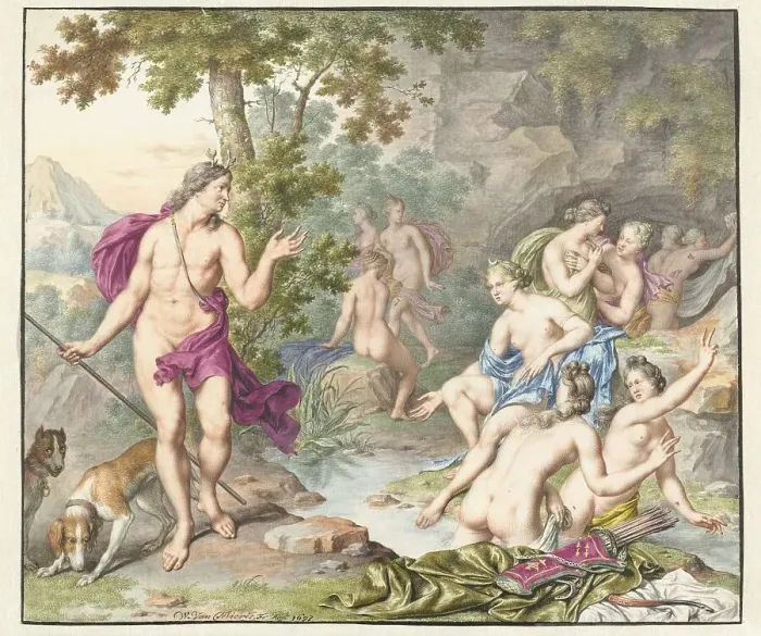 Framed Print : Actaeon surprises Diana and her companions, 1693. Creator: Willem van Mieris Framed Print : Actaeon surprises Diana and her companions, 1693. Creator: Willem van Mieris