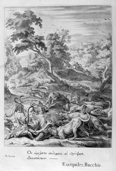 Framed Print : Actaeon turned into a stag and devoured by his hounds, 1655. Artist: Michel de Marolles Framed Print : Actaeon turned into a stag and devoured by his hounds, 1655. Artist: Michel de Marolles