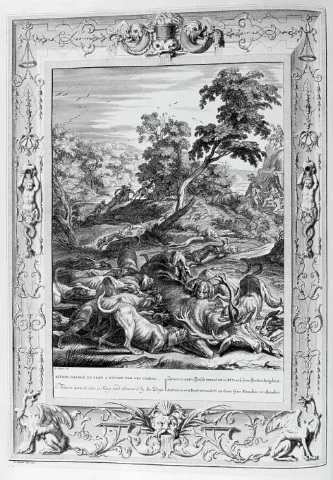 Framed Print : Acteon turn d into a Stag, and devour d by his dogs, 1733. Artist: Bernard Picart Framed Print : Acteon turn d into a Stag, and devour d by his dogs, 1733. Artist: Bernard Picart
