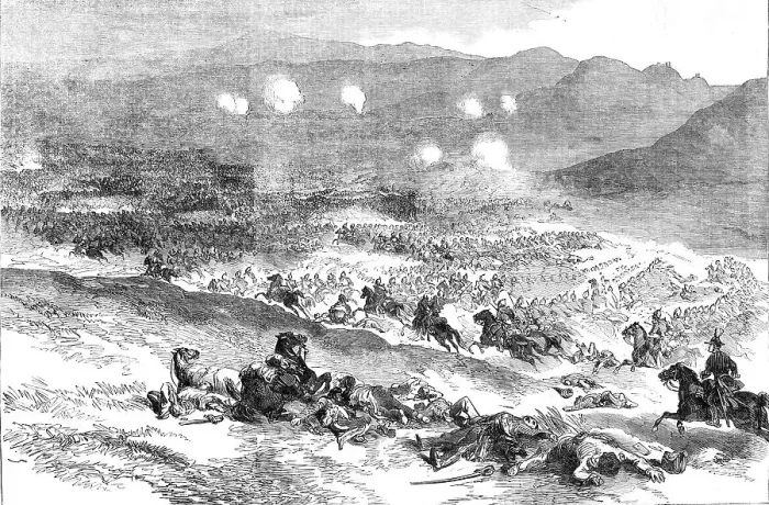 Framed Print : The Action at Balaclava, October 25 - First Charge of Heavy Cavalry, 1854. Creator: Unknown Framed Print : The Action at Balaclava, October 25 - First Charge of Heavy Cavalry, 1854. Creator: Unknown