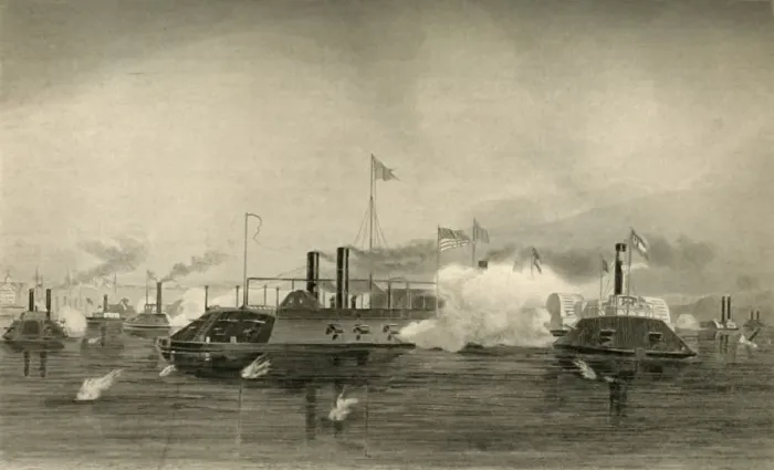 Framed Print : Action of the Gunboats at Memphis, (1878). Creator: Unknown Framed Print : Action of the Gunboats at Memphis, (1878). Creator: Unknown