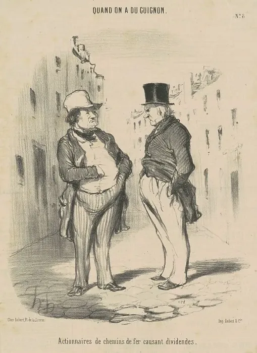 Framed Print : Actionnaires de chemins de fer causant dividendes, 19th century. Creator: Honore Daumier Framed Print : Actionnaires de chemins de fer causant dividendes, 19th century. Creator: Honore Daumier