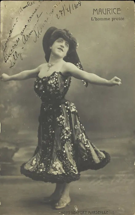 Framed Print : An actor in drag, known as 'Maurice'; poses on stage mid-dance, 1908. Creator: Unknown Framed Print : An actor in drag, known as 'Maurice'; poses on stage mid-dance, 1908. Creator: Unknown