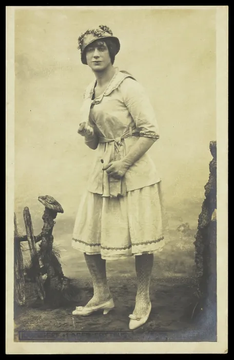 Framed Print : An actor, in drag, performing English theatre at a prisoner of war camp in Cottbus, [1910-1919?]. Creator: Unknown