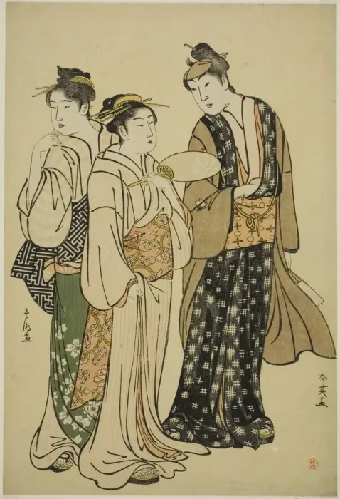 Framed Print : The Actor Iwai Hanshiro IV in Street Attire (by Shun ei) Conversing with Two Women... c Framed Print : The Actor Iwai Hanshiro IV in Street Attire (by Shun ei) Conversing with Two Women... c