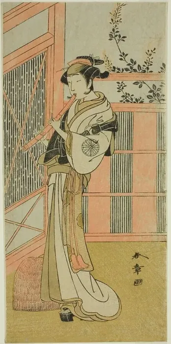Framed Print : The Actor Nakamura Noshio I as Misao Disguised as a Komuso in the Play Kosode-gura... c. 1772. Creator: Shunsho Framed Print : The Actor Nakamura Noshio I as Misao Disguised as a Komuso in the Play Kosode-gura... c. 1772. Creator: Shunsho