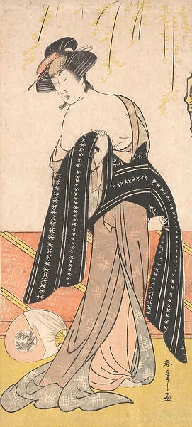 The Actor Nakamura Riko as an Oiran Tying Her Obi, ca. 1779. Creator: Shunsho