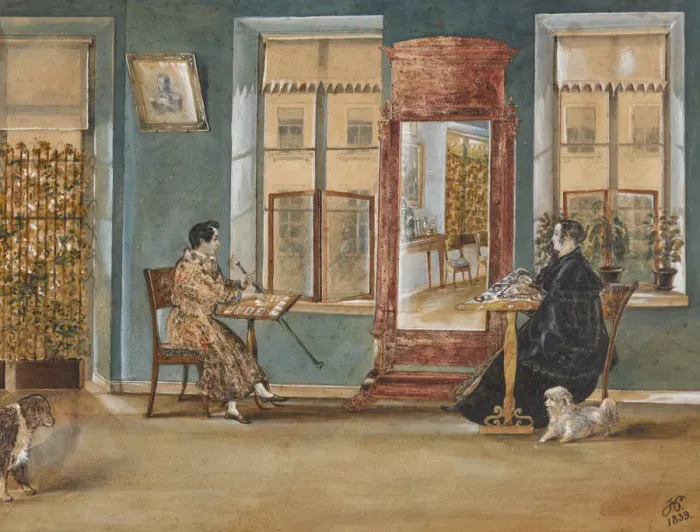 Framed Print : Actor Nikolay Osipovich Dur (1807-1839) with his woman in the living room, 1839. Creator: Hampeln Framed Print : Actor Nikolay Osipovich Dur (1807-1839) with his woman in the living room, 1839. Creator: Hampeln