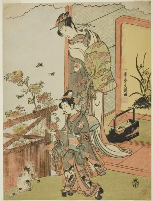 Framed Print : The Actor Onoe Matsusuke I as Oiso no Tora (?) (right), and Otani Taniji (left), c. 1770 Framed Print : The Actor Onoe Matsusuke I as Oiso no Tora (?) (right), and Otani Taniji (left), c. 1770