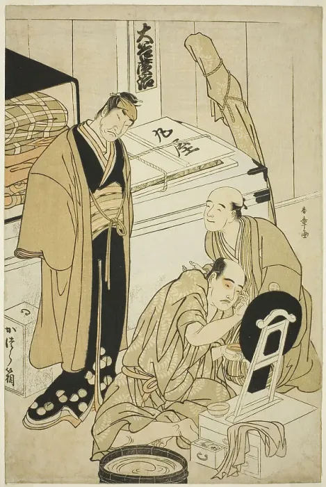 Framed Print : The Actor Otani Hiroji III in His Dressing Room Assisted by Otani Tokuji I (?) and Oberved... c1783 Creator: Shunsho Framed Print : The Actor Otani Hiroji III in His Dressing Room Assisted by Otani Tokuji I (?) and Oberved... c1783 Creator: Shunsho