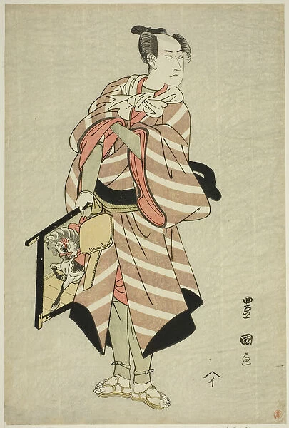 The actor Sawamura Sojuro III as the packhorse-man Muchizo in the play 'Miyamairi Musub... c. 1797. Creator: Utagawa Toyokuni I
