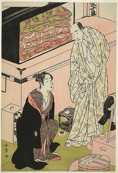 The Actor Sawamura Sojuro III (right), in His Dressing Room in Conversation with the... c. 1780 / 83. Creator: Shunsho