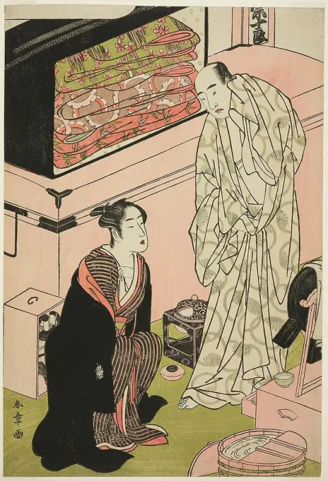 Framed Print : The Actor Sawamura Sojuro III (right), in His Dressing Room in Conversation with the... c. 1780 / 83. Creator: Shunsho Framed Print : The Actor Sawamura Sojuro III (right), in His Dressing Room in Conversation with the... c. 1780 / 83. Creator: Shunsho