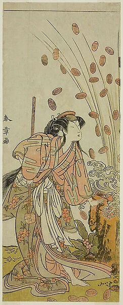 The Actor Segawa Kikunojo III as Hito-maru Disguised as the Courtesan Chiyozaki, in the... c. 1775. Creator: Shunsho