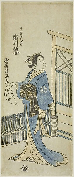 The Actor Segawa Senjo (Kikunojo III) as the wife of Amakawaya Gihei in the play 'Kanadeho... 1776. Creator: Torii Kiyomitsu