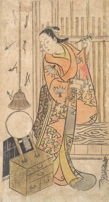 Framed Print : Actor as a Woman Standing by a Mirror Stand, ca. 1735. Creator: Torii Kiyotada Framed Print : Actor as a Woman Standing by a Mirror Stand, ca. 1735. Creator: Torii Kiyotada