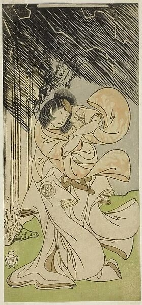 The Actor Yamashita Kinsaku II as a Thunder Goddess in the Play Onna Narukami... c. 1770. Creator: Shunsho