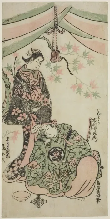 Framed Print : The Actors Arashi Koroku I as Makomo no Mae and Ichikawa Uzaemon VIII as Taira no Koremoch... 1747. Creator: Torii Kiyomasu Framed Print : The Actors Arashi Koroku I as Makomo no Mae and Ichikawa Uzaemon VIII as Taira no Koremoch... 1747. Creator: Torii Kiyomasu