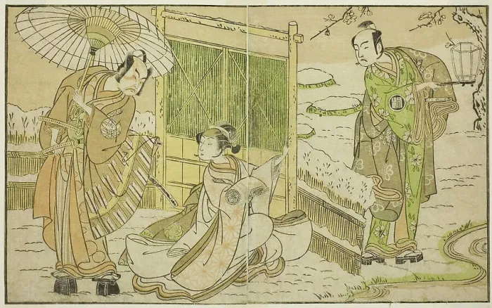 Framed Print : The Actors Arashi Sangoro II as Minamoto no Yoritomo (right), Segawa Kikunojo II as Yuk... c. 1772. Creator: Shunsho Framed Print : The Actors Arashi Sangoro II as Minamoto no Yoritomo (right), Segawa Kikunojo II as Yuk... c. 1772. Creator: Shunsho
