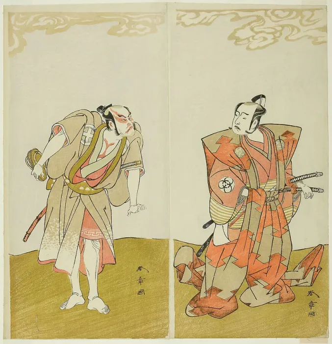 Framed Print : The Actors Bando Mitsugoro I as Hata no Kawakatsu (right), and Otani Hiroemon III as... c. 1773. Creator: Shunsho Framed Print : The Actors Bando Mitsugoro I as Hata no Kawakatsu (right), and Otani Hiroemon III as... c. 1773. Creator: Shunsho