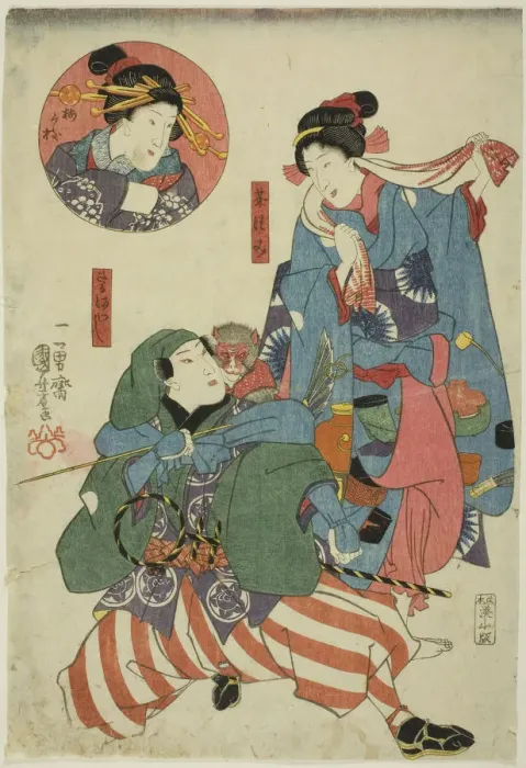Framed Print : The actors Bando Shuka I as a Tea Picker (Chatsumi), Ichimura Uzaemon XII as a Monkey... c. 1847. Creator: Utagawa Kuniyoshi Framed Print : The actors Bando Shuka I as a Tea Picker (Chatsumi), Ichimura Uzaemon XII as a Monkey... c. 1847. Creator: Utagawa Kuniyoshi