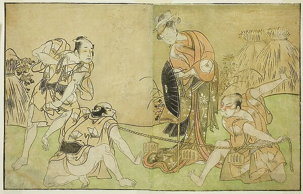 The Actors Bando Zenji I as Nagahashi Saburo, Iwai Hanshiro IV as Otatsu-gitsune, Nakam... c. 1772. Creator: Shunsho