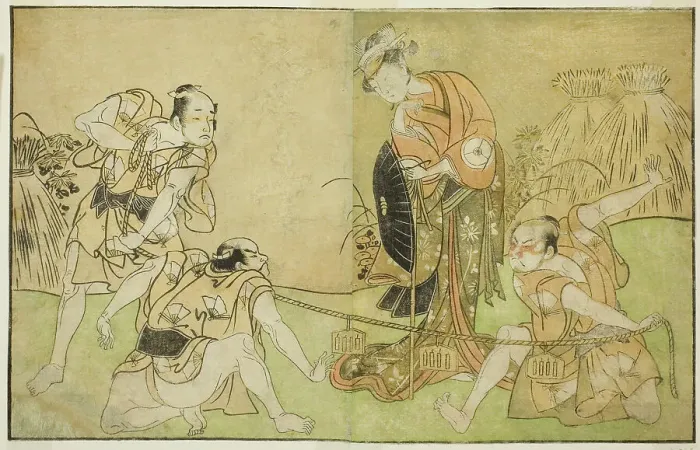 Framed Print : The Actors Bando Zenji I as Nagahashi Saburo, Iwai Hanshiro IV as Otatsu-gitsune, Nakam... c. 1772. Creator: Shunsho Framed Print : The Actors Bando Zenji I as Nagahashi Saburo, Iwai Hanshiro IV as Otatsu-gitsune, Nakam... c. 1772. Creator: Shunsho