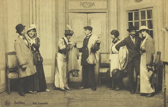 Framed Print : Actors, some in drag, performing at a prisoner of war camp in Belgium, (between 1910 and 1919?). Creator: Unknown Framed Print : Actors, some in drag, performing at a prisoner of war camp in Belgium, (between 1910 and 1919?). Creator: Unknown