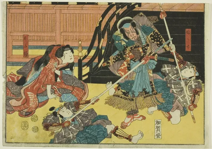 Framed Print : Actors as Fukashichi and Omiwa from the play Imoseyama, from an untitled series of... 1852. Creator: Utagawa Kunisada. Actors as Fukashichi and Omiwa from the play Imoseyama, from an untitled series of... 1852 Framed Print : Actors as Fukashichi and Omiwa from the play Imoseyama, from an untitled series of... 1852. Creator: Utagawa Kunisada. Actors as Fukashichi and Omiwa from the play Imoseyama, from an untitled series of... 1852