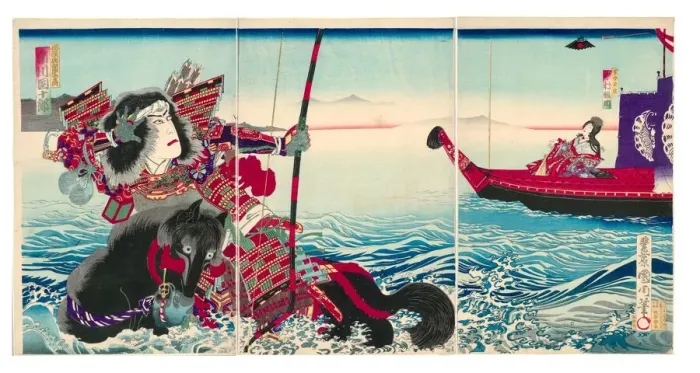 Framed Print : Actors Ichikawa Danjuro IX as Nasu no Yoichi Munetaka and Nakamura Fukusuke IV as Framed Print : Actors Ichikawa Danjuro IX as Nasu no Yoichi Munetaka and Nakamura Fukusuke IV as