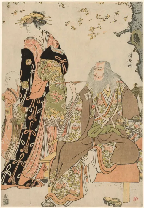 Framed Print : The Actors Ichikawa Danjuro V as Hige no Ikyu, Nakamura Riko as Agemaki, and Ichikawa Ebiz... 1784. Creator: Torii Kiyonaga Framed Print : The Actors Ichikawa Danjuro V as Hige no Ikyu, Nakamura Riko as Agemaki, and Ichikawa Ebiz... 1784. Creator: Torii Kiyonaga