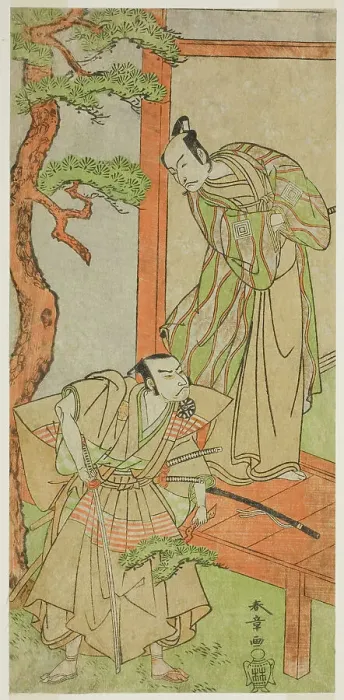 Framed Print : The Actors Ichikawa Danjuro V as Momonoi Wakasanosuke (right), and Nakamura Nakazo I as... c. 1771. Creator: Shunsho Framed Print : The Actors Ichikawa Danjuro V as Momonoi Wakasanosuke (right), and Nakamura Nakazo I as... c. 1771. Creator: Shunsho