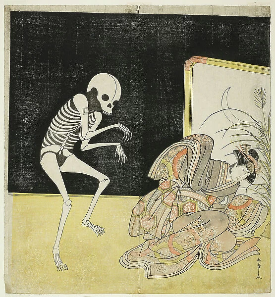 The actors Ichikawa Danjuro V as a skeleton, spirit of the renegade monk Seigen (left), an... 1783. Creator: Shunsho