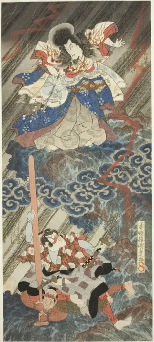 Framed Print : The actors Ichikawa Danjuro VII as Kan Shojo (Sugawara Michizane) and Segawa Kikunojo V as... 1832. Creator: Utagawa Kunisada Framed Print : The actors Ichikawa Danjuro VII as Kan Shojo (Sugawara Michizane) and Segawa Kikunojo V as... 1832. Creator: Utagawa Kunisada