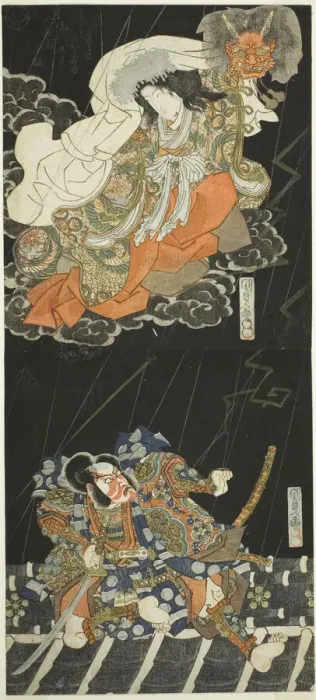 Framed Print : The actors Ichikawa Danjuro VII as Watanabe no Tsuna and Segawa Kikunojo V as the female... 1833. Creator: Utagawa Kunisada Framed Print : The actors Ichikawa Danjuro VII as Watanabe no Tsuna and Segawa Kikunojo V as the female... 1833. Creator: Utagawa Kunisada